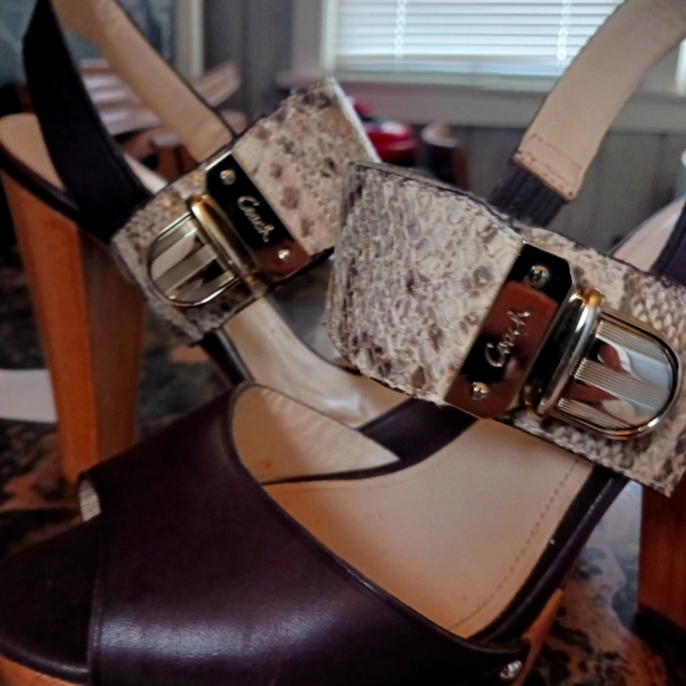 Coach wooden high heel with animal print and gold accents.